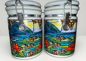 Tiffany Style Ceramic Locking Jars Museum Co. Stained Glass Art RARE Vintage 8x5